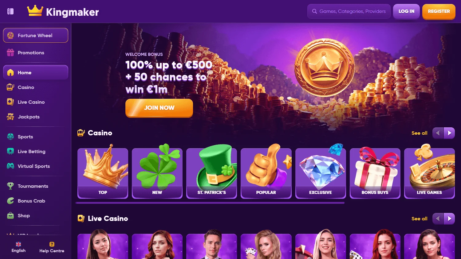 Kingmaker Casino home on desktop