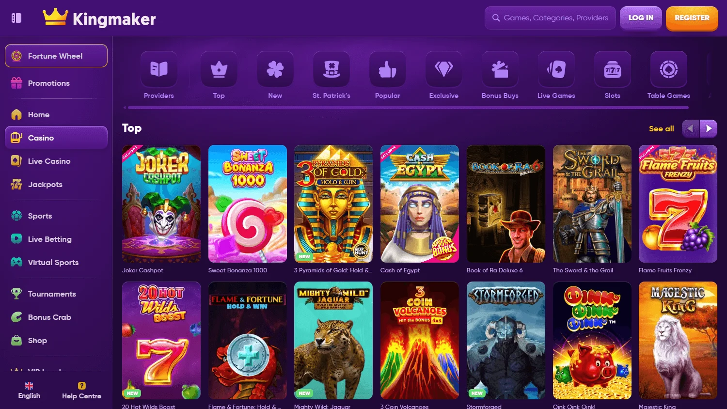 Kingmaker Casino games area on desktop