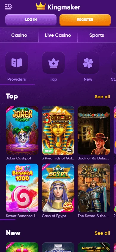 Kingmaker Casino games area on a mobile device