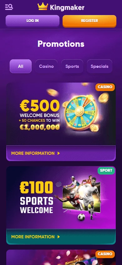 Kingmaker Casino promotions area on a mobile device