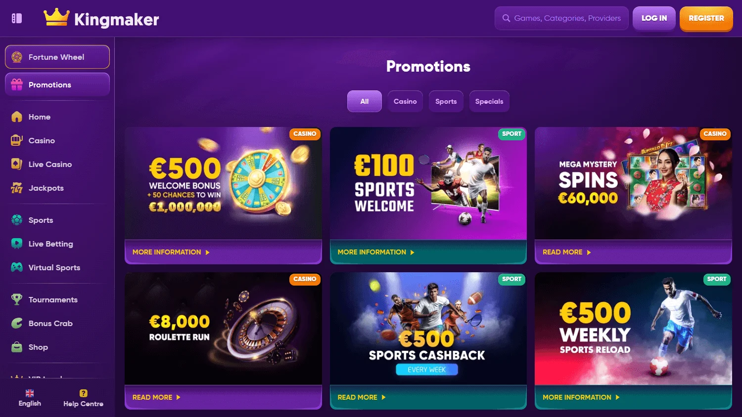 Kingmaker Casino promotions area on desktop