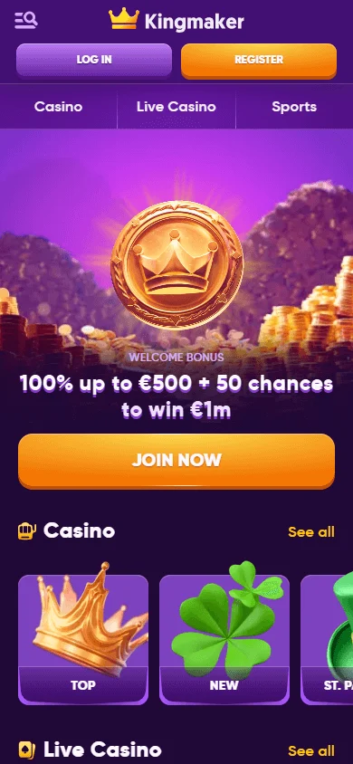 Kingmaker Casino home on a mobile device